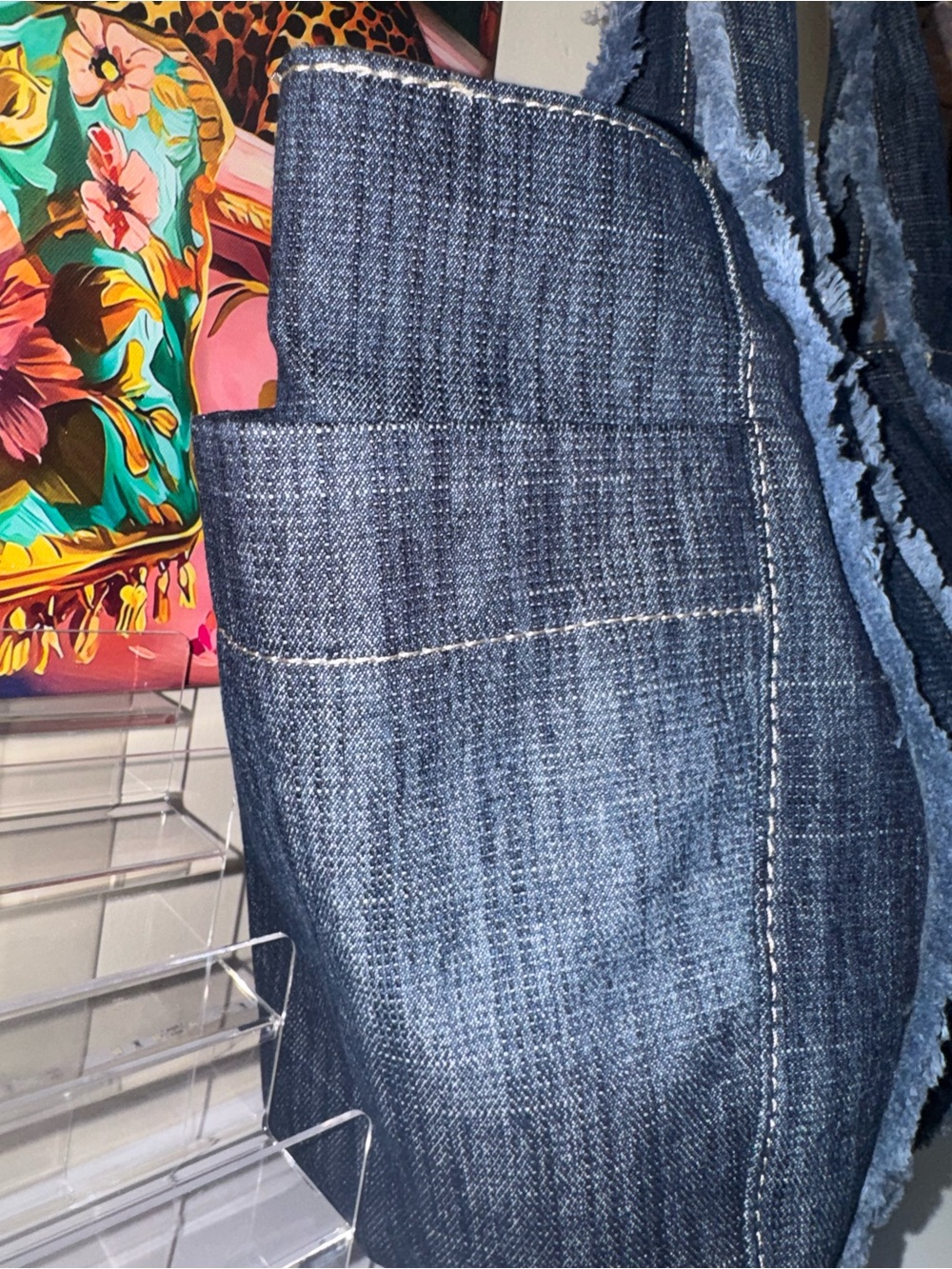 True Religion Dark Blue Denim Tote Bag with Light Blue Trim - Picture 4 of 5